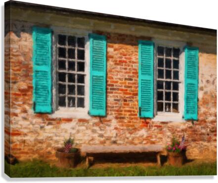 Painting of blue shutters against a white painted brick wall in   Canvas Print