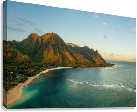 Aerial drone photo of Tunnels Beach at sunrise on Kauai in Hawaii Canvas Print