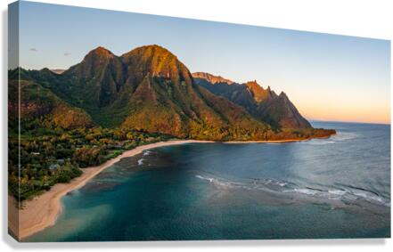 Aerial drone shot of Tunnels Beach at sunrise on Kauai in Hawaii  Canvas Print