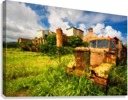 Oil painting of abandoned truck by old sugar mill at Koloa Kauai  Impression sur toile