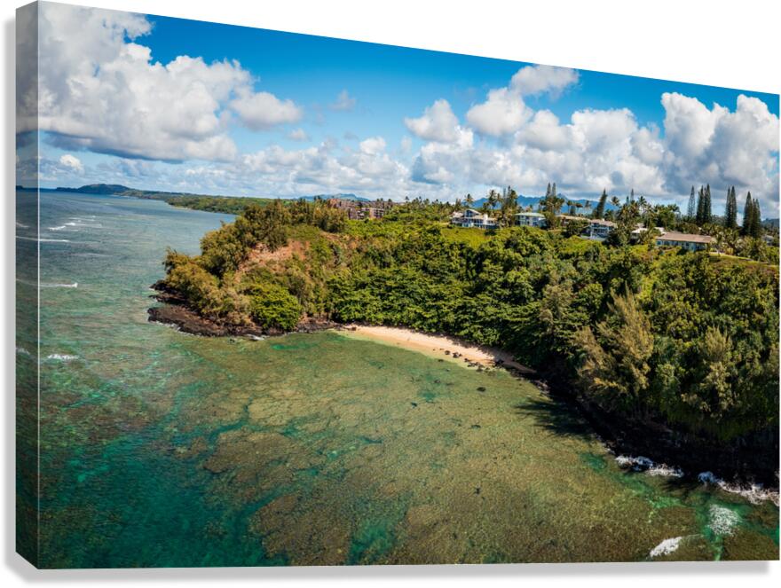 Aerial view of Sealodge beach in Princeville on Kauai  Impression sur toile