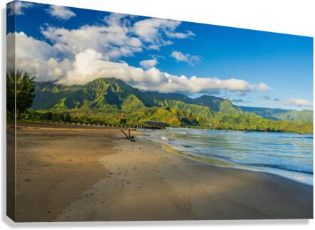 Panorama of the sandy beach at Hanalei with pier and bay  Impression sur toile
