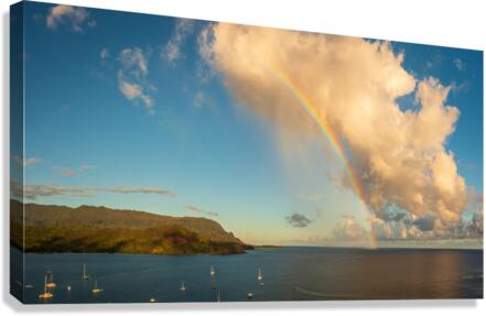 Rainbow over Hanalei bay in panorama across the ocean  Canvas Print