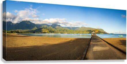 Panorama of the sandy beach and Hanalei Pier at sunrise  Canvas Print
