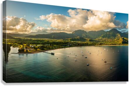 Aerial panorama over the town of Hanalei and valley at sunrise  Impression sur toile