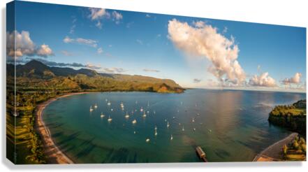 Rainbow over Hanalei bay in panorama across the ocean Canvas Print