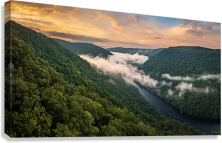 Mist swirling over Cheat River gorge at sunrise near Morgantown   Canvas Print