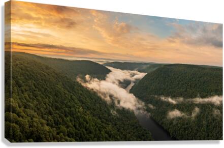 Mist swirling over Cheat River gorge at sunrise near Morgantown   Impression sur toile