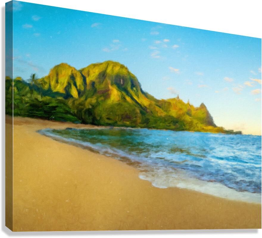 Oil painting sunrise over Tunnels Beach on Kauai in Hawaii  Impression sur toile