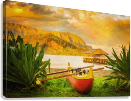 Painting of Hawaiian canoe by Hanalei Pier  Canvas Print