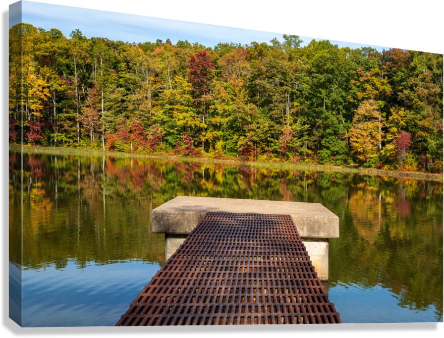 Fall leaves and metal pier in Coopers Rock State Forest in WV  Impression sur toile