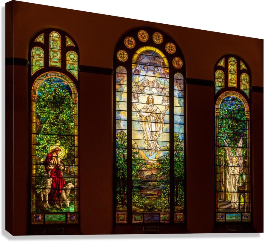 Three beautiful Tiffany stained glass windows from 1896  Canvas Print