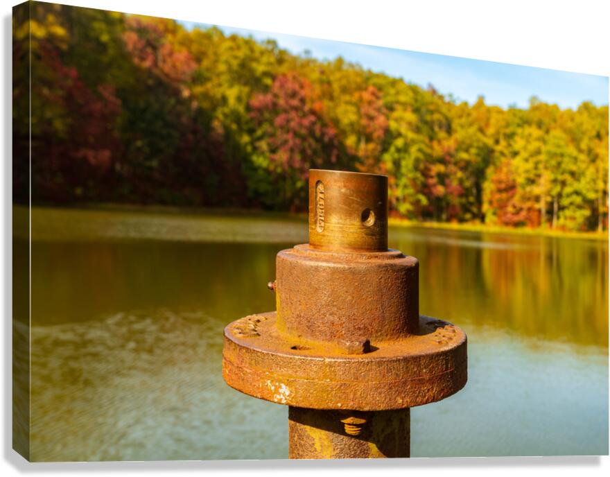Detail of rusty metal pipe with fall leaves in Coopers Rock in W  Canvas Print