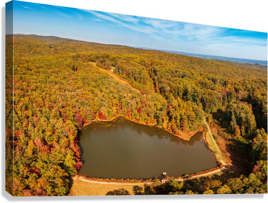 Aerial fall leaves around Coopers Rock reservoir in WV  Impression sur toile