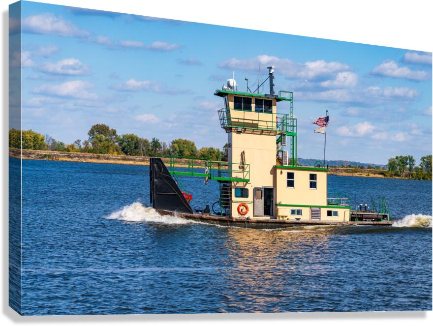 Tug boat or pusher boat leaving Lock and Dam 22 on Mississippi r  Canvas Print