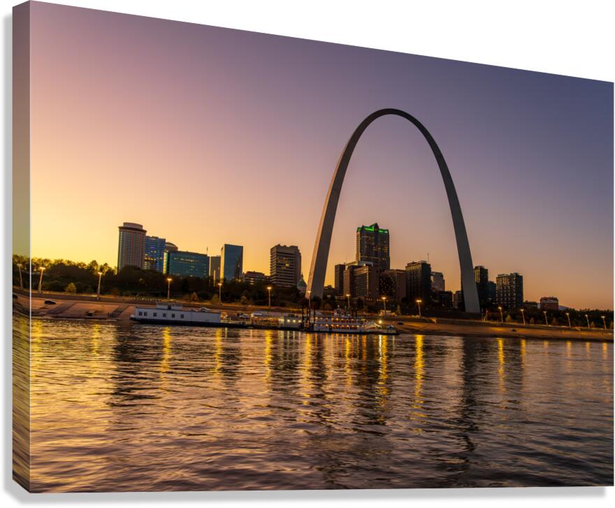 Reflections of St Louis and Gateway Arch in Mississippi River  Canvas Print