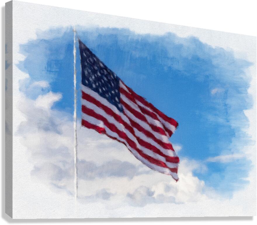 Digital art of USA stars and stripes flag against blue sky  Canvas Print