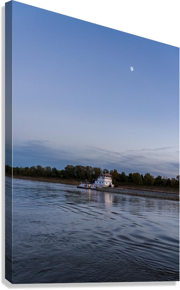 Freight barges on Mississippi river at dusk with moon  Canvas Print