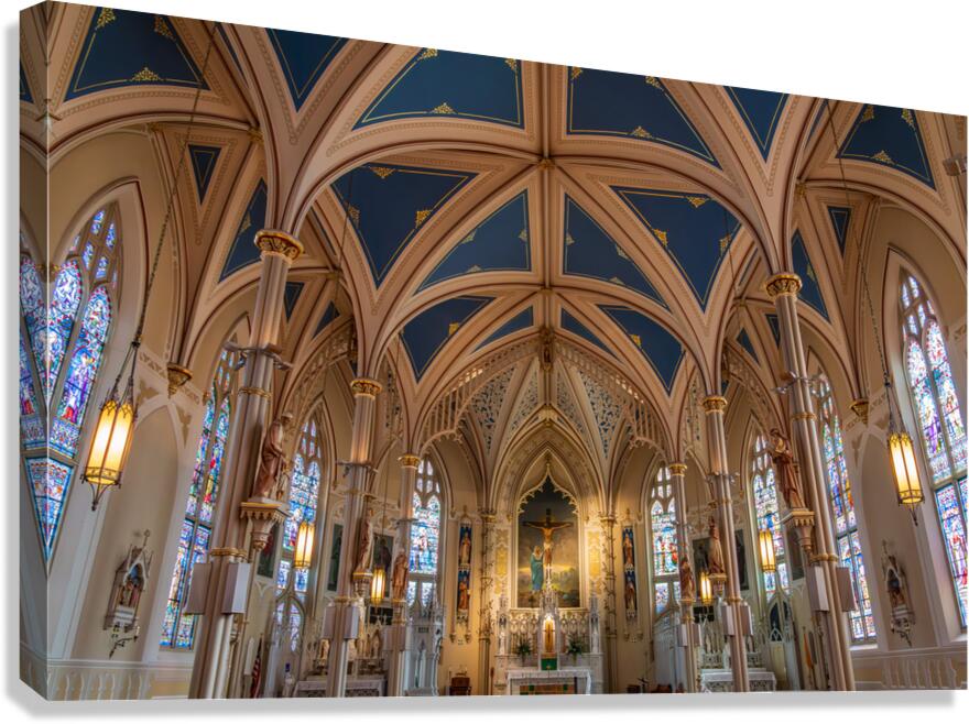 Ornate windows and ceiling of St Mary Basilica in Natchez in Mis  Canvas Print