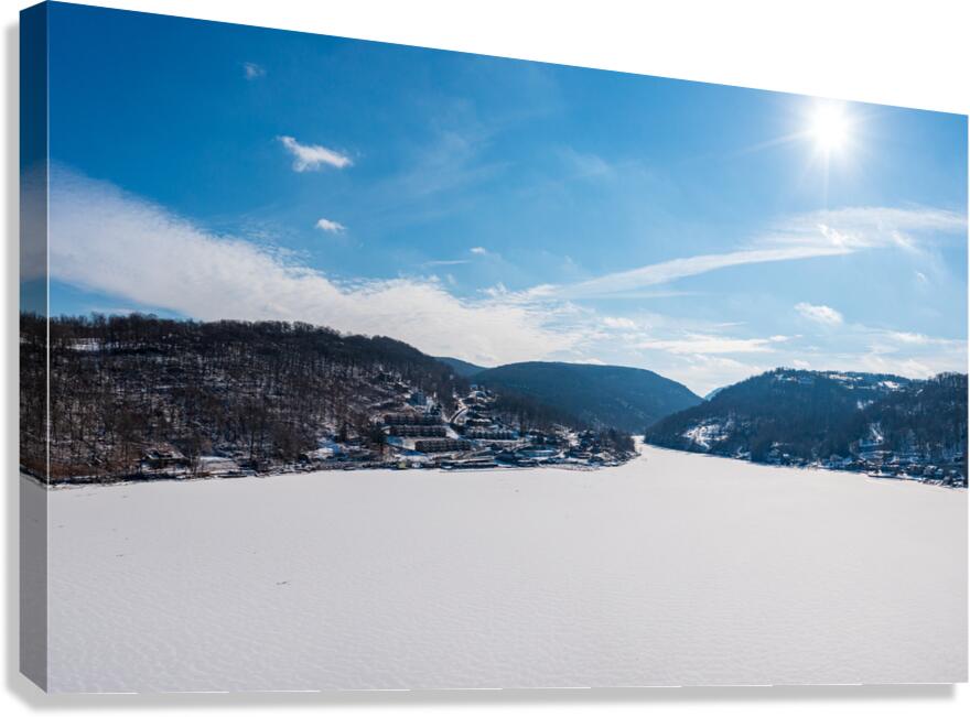 Aerial panorama of the frozen Cheat Lake Morgantown WV looking   Canvas Print