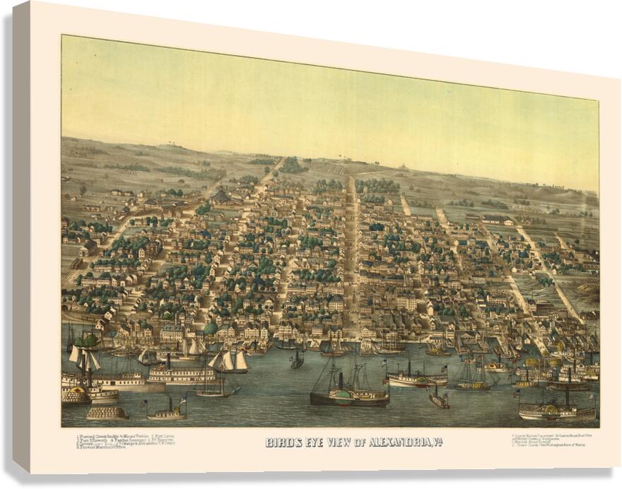 Restored birds eye view of street plan of Alexandria VA 1863  Impression sur toile