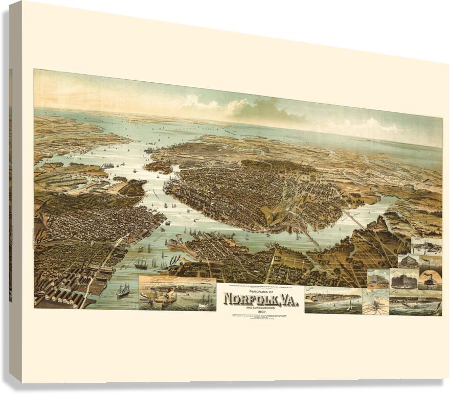 Restored birds eye panorama of Norfolk VA in 1892   Canvas Print