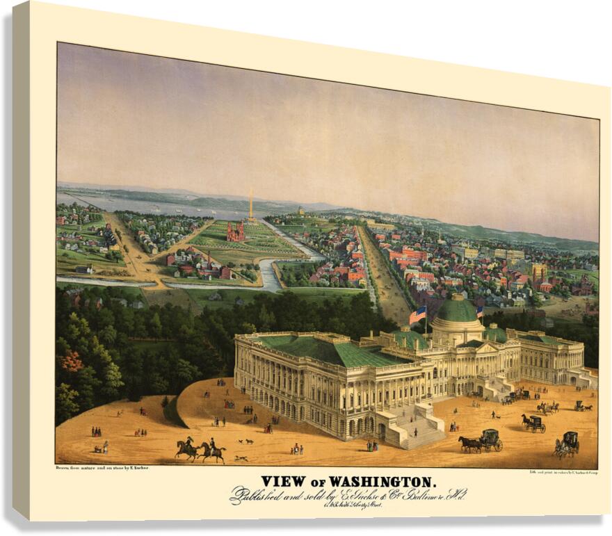 Low-angle birds-eye view of central Washington DC from 1852  Impression sur toile