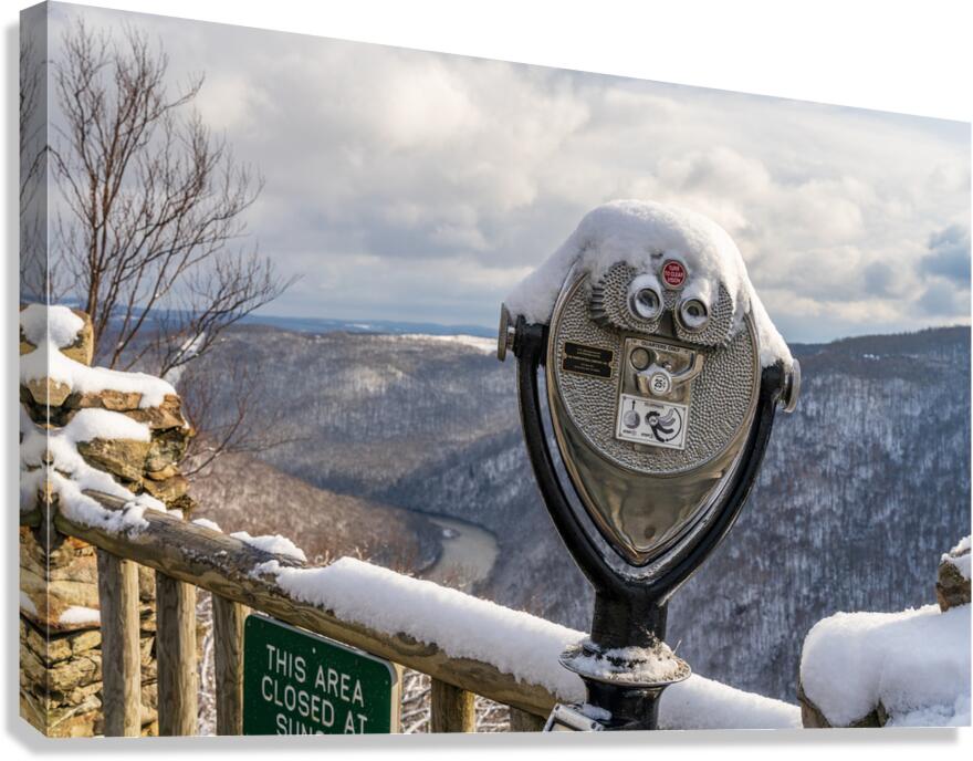 Binoculars on Coopers Rock overlook on snowy day  Canvas Print