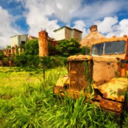 Oil painting of abandoned truck by old sugar mill at Koloa Kauai
