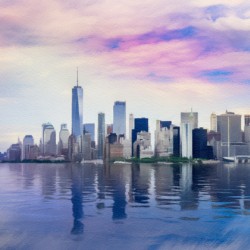 Pastel digital painting of panorama of Manhattan with calm water