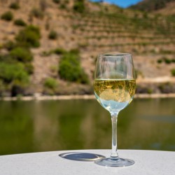 Glass of white wine by Douro river in Portugal