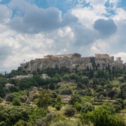 Acropolis hill rises above Greek Agora in Athens