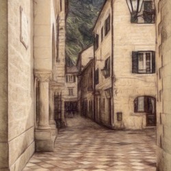 Narrow streets in Kotor in Montenegro in pencil