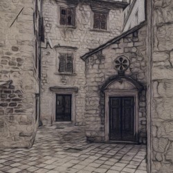 Narrow streets in Kotor in charcoal