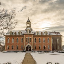 Martin Hall at West Virginia University in the snow