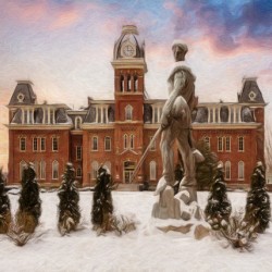 Pastel Mountaineer statue against Woodburn Hall