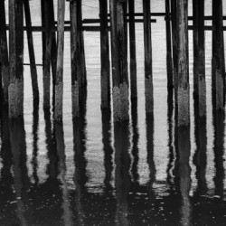 Black and whited wooden pier structure at Icy Strait Point