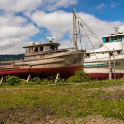 Historic but rotting fishing boats by ocean at Icy Strait Point