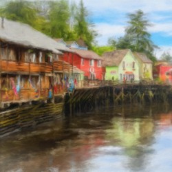 Painting of Creek Street wharf in Ketchikan Alaska
