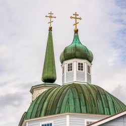 Exterior roof of the historic St Michaels Cathedral in Sitka Al