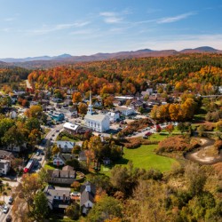 Aerial view of the town of Stowe in the fall