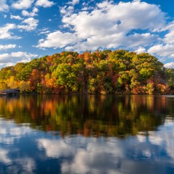 Perfect reflection of fall leaves in Cheat Lake