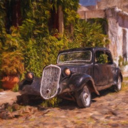 Oil painting of old car in Colonia del Sacramento