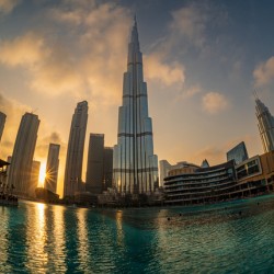 Sunset over the towers of Dubai downtown business district