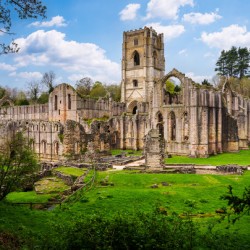Springtime at Fountains Abbey ruins in Yorkshire England