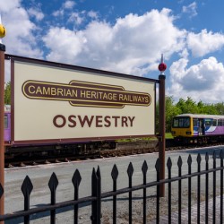Oswestry railway station sign in Shropshire