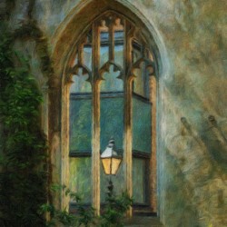 Oil painting of street light seen at St Dunstan church