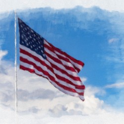 Digital art of USA stars and stripes flag against blue sky