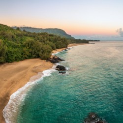 Aerial image of Lumahai Beach on the north shore of Kauai