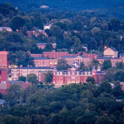 Downtown campus of West Virginia university at dusk